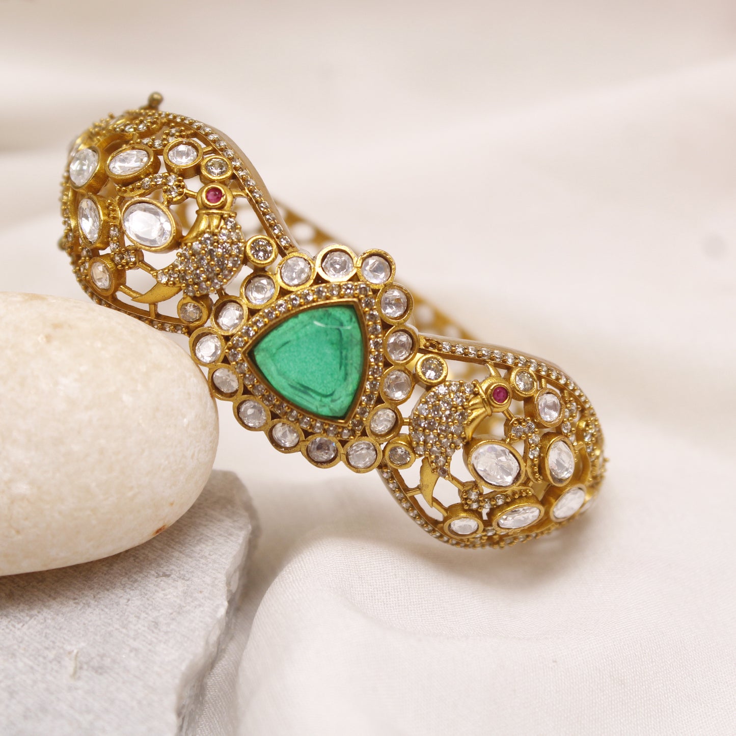 Exquisite Micro Gold Plated Statement Kada with Emerald Green Centerpiece