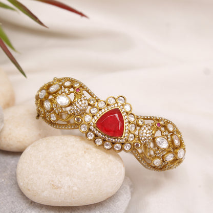 Navraee Royal Antique Micro Gold Plated Kada with Ruby Red and AD Stones