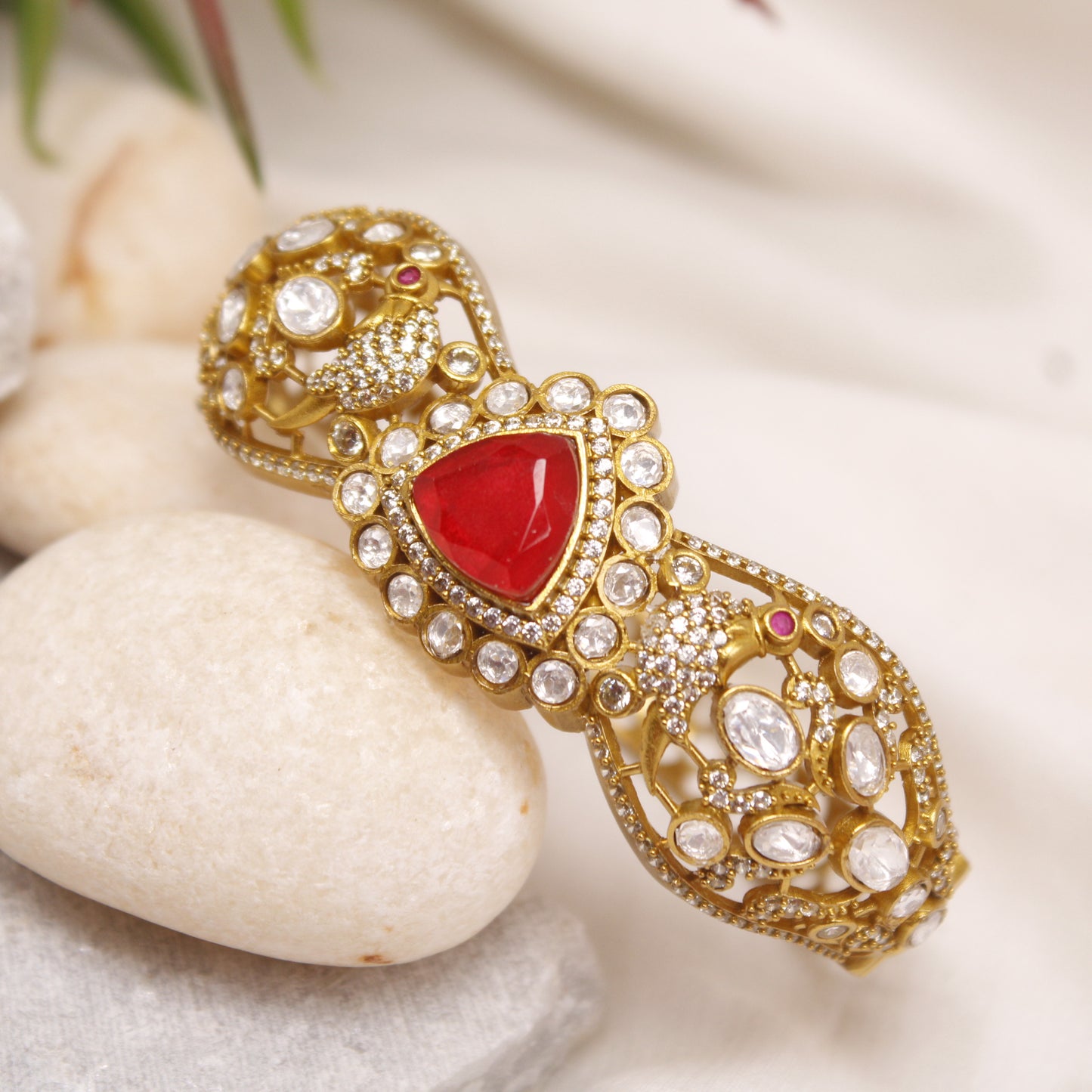 Navraee Royal Antique Micro Gold Plated Kada with Ruby Red and AD Stones
