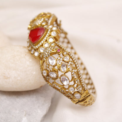 Navraee Royal Antique Micro Gold Plated Kada with Ruby Red and AD Stones