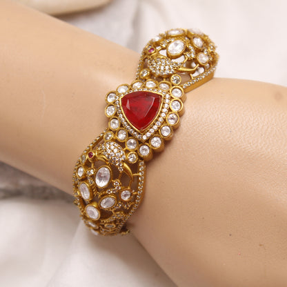 Navraee Royal Antique Micro Gold Plated Kada with Ruby Red and AD Stones