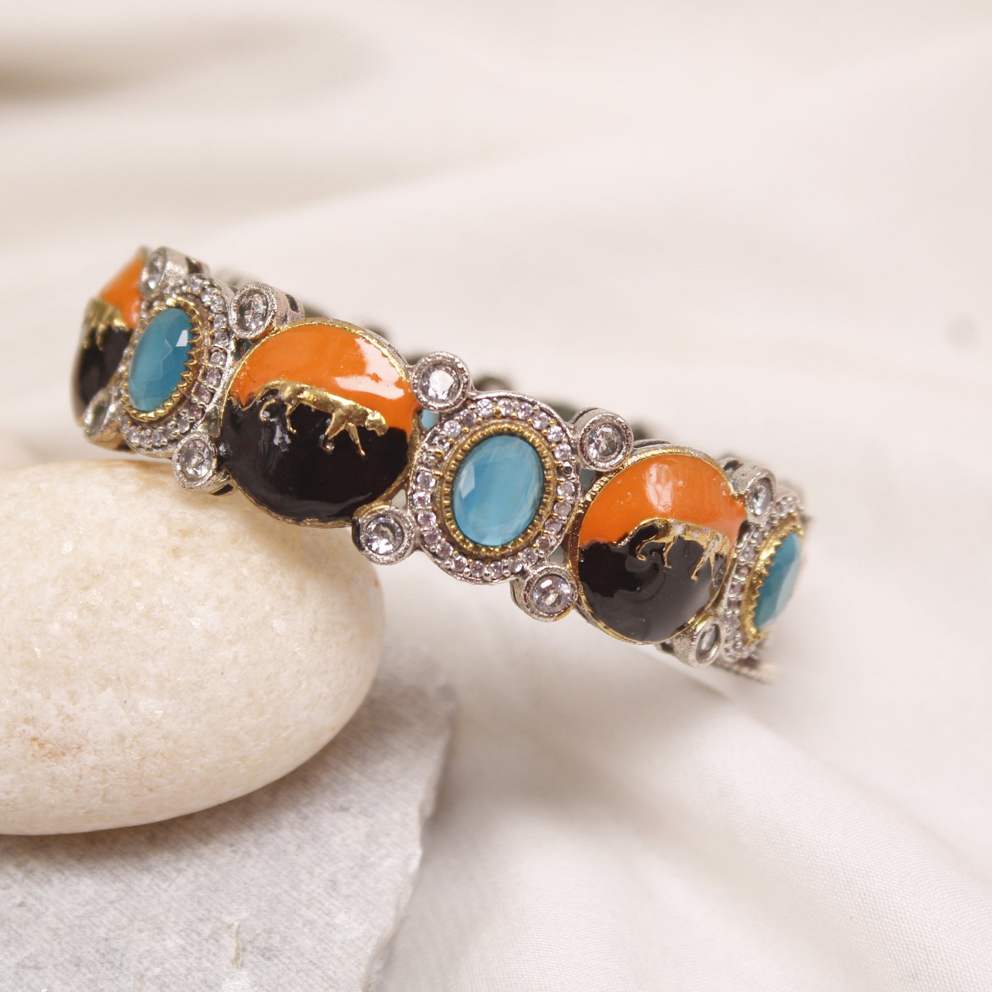 Exquisite Meenakari and Blue Stone Silver Plated Single Kada