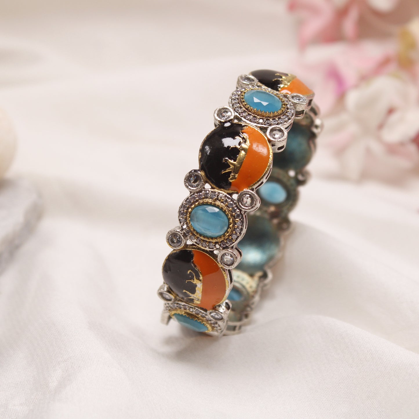 Exquisite Meenakari and Blue Stone Silver Plated Single Kada