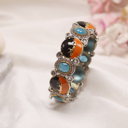 Exquisite Meenakari and Blue Stone Silver Plated Single Kada