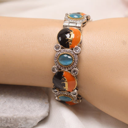 Exquisite Meenakari and Blue Stone Silver Plated Single Kada