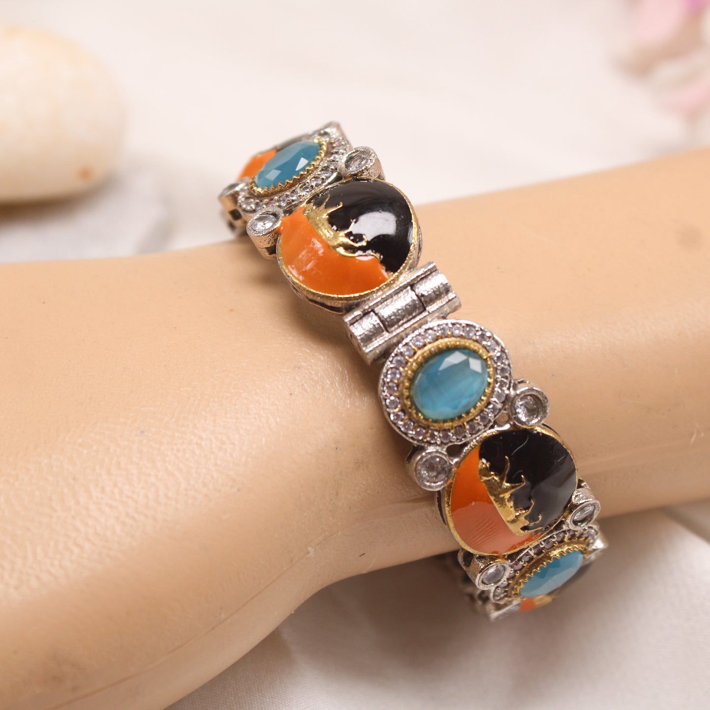 Exquisite Meenakari and Blue Stone Silver Plated Single Kada