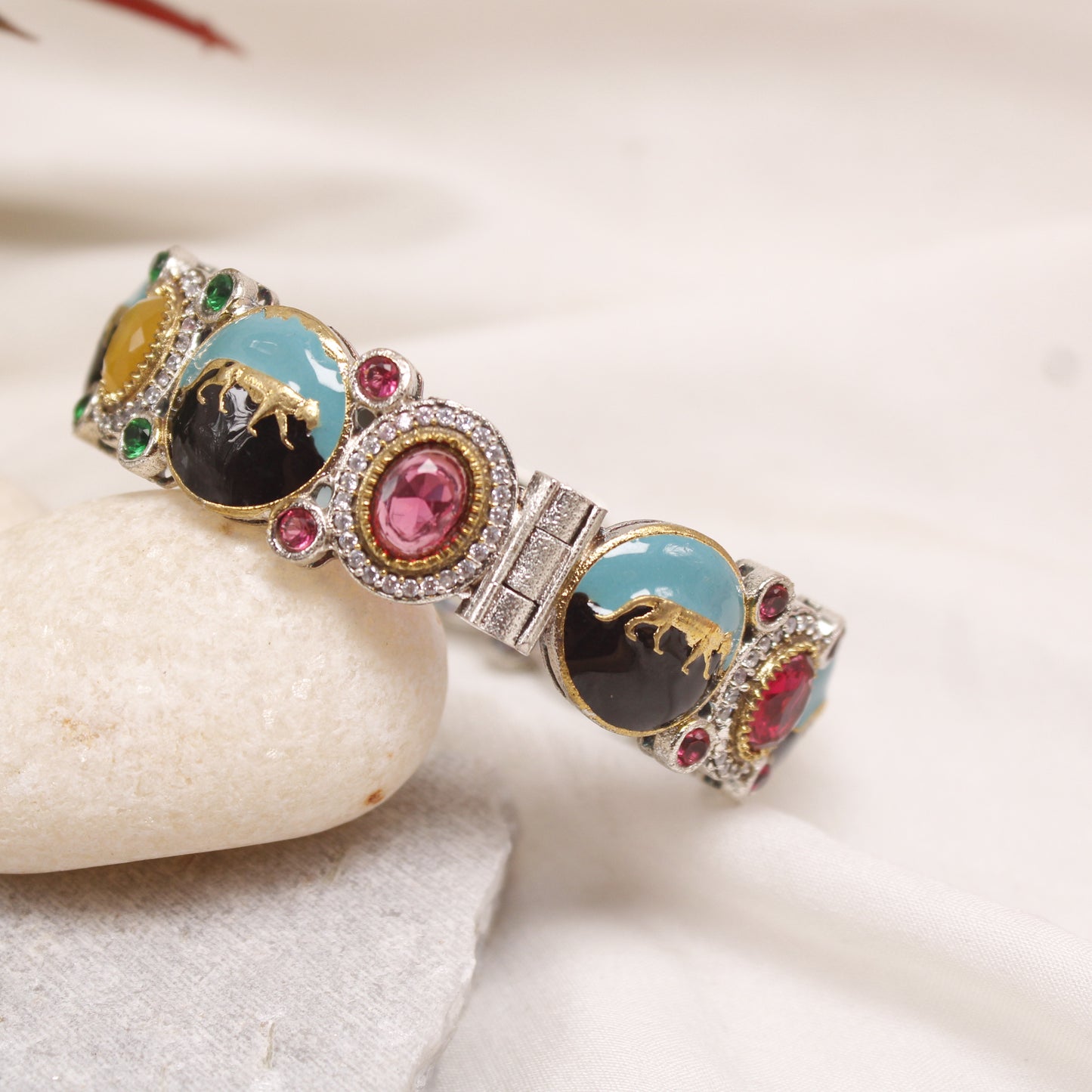 Navraee Antique Royal Enamel Elephant Motif Statement Kada Bracelet