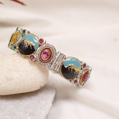 Navraee Antique Royal Enamel Elephant Motif Statement Kada Bracelet