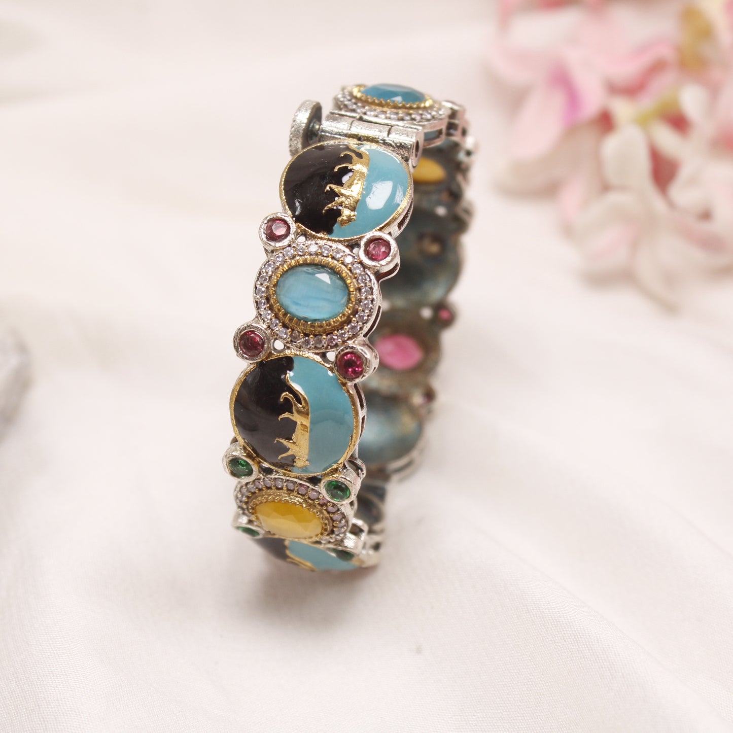 Navraee Antique Royal Enamel Elephant Motif Statement Kada Bracelet