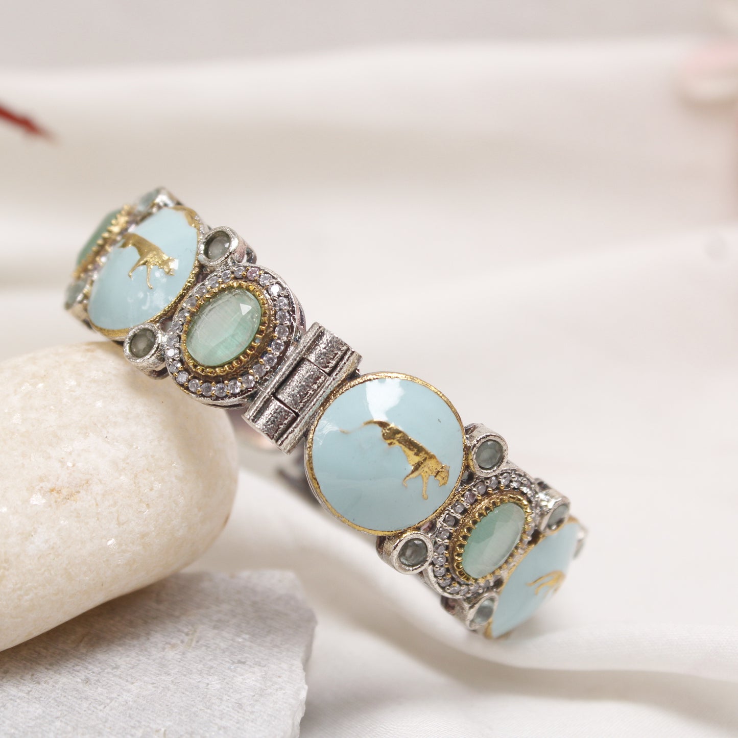 Exclusive Panther Motif Dual Tone Statement Kada with Mint Green Stones