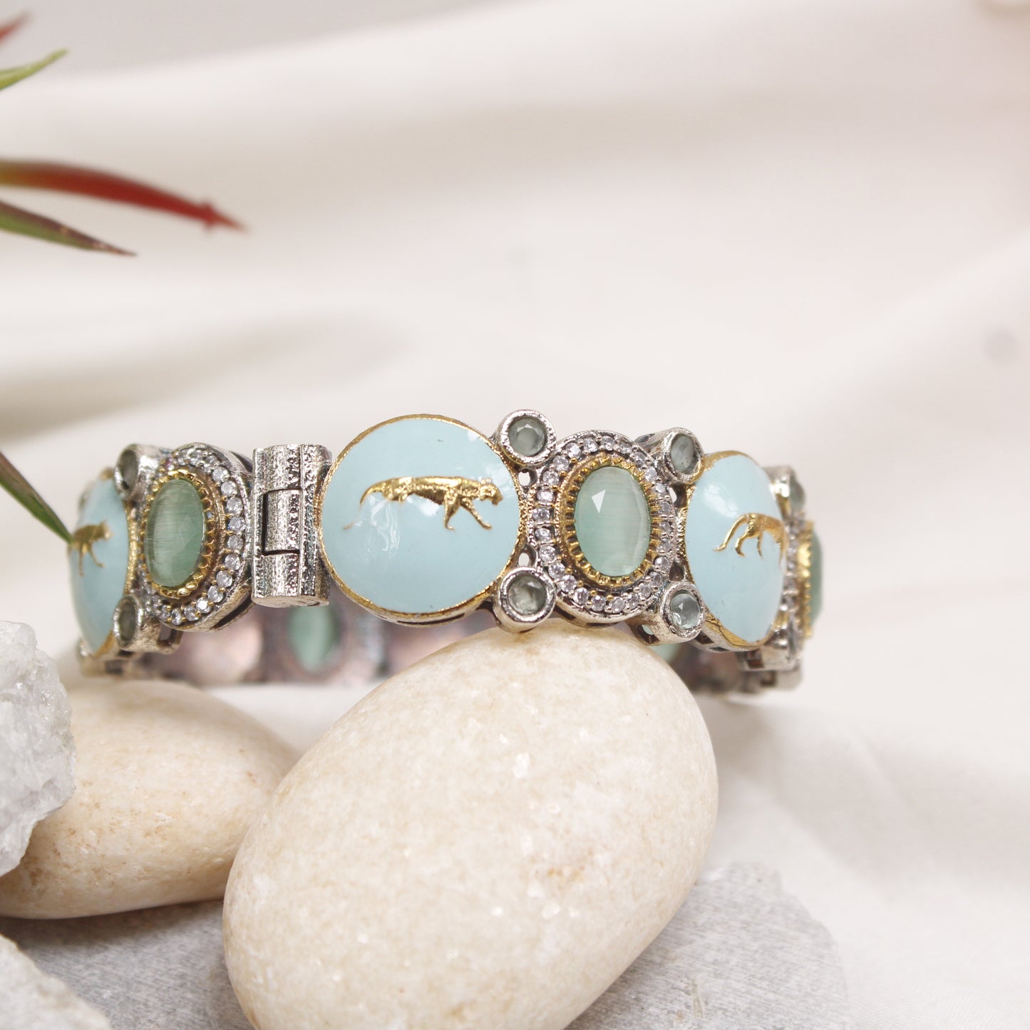 Exclusive Panther Motif Dual Tone Statement Kada with Mint Green Stones