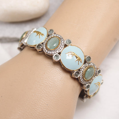 Exclusive Panther Motif Dual Tone Statement Kada with Mint Green Stones