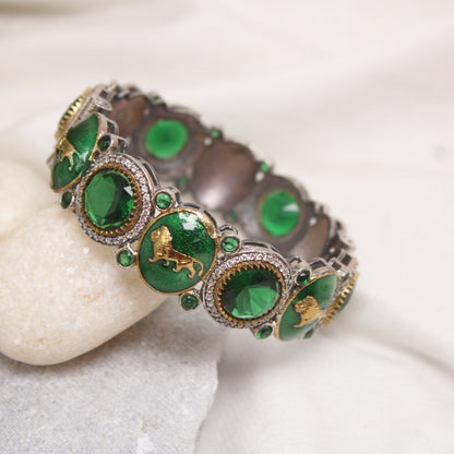 Navraee Rajwadi Dual-Tone Green Meenakari Animal Motif Single Kada