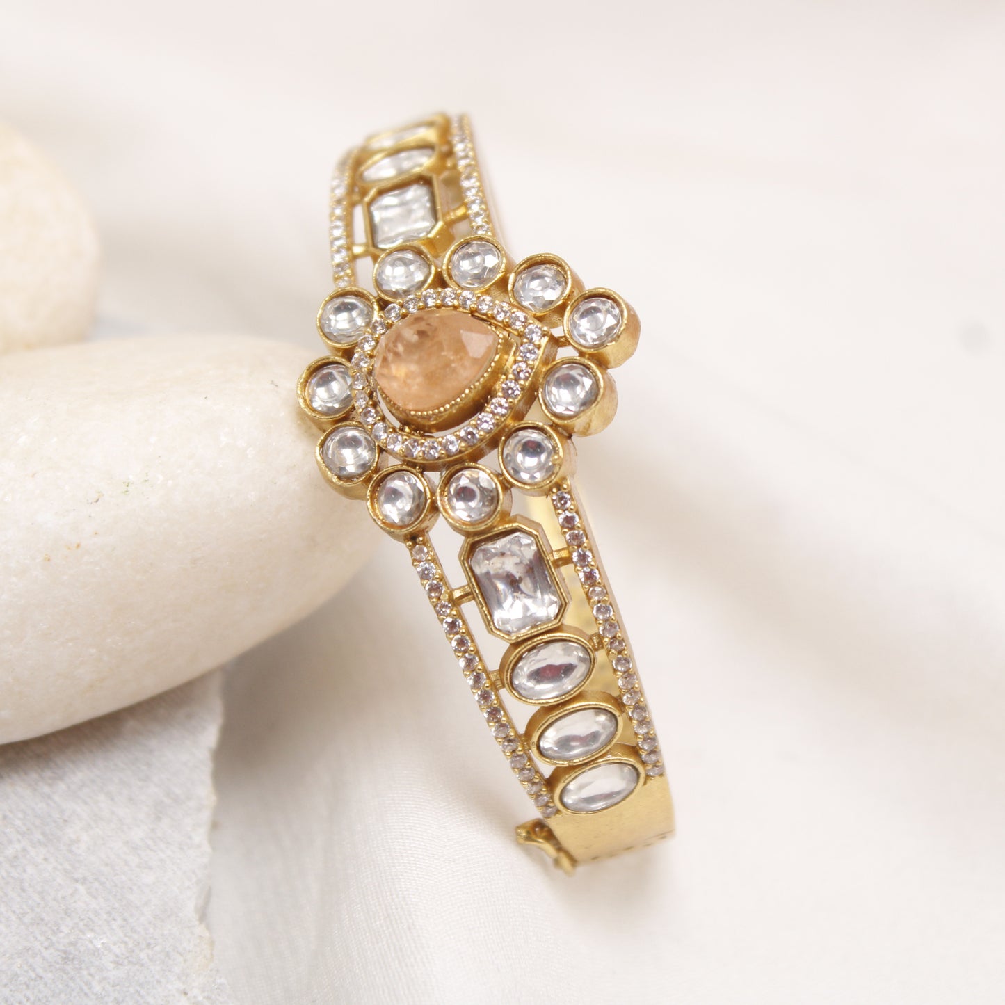 Navraee Premium Gold Plated Peach Stone Polki Kada Bangle