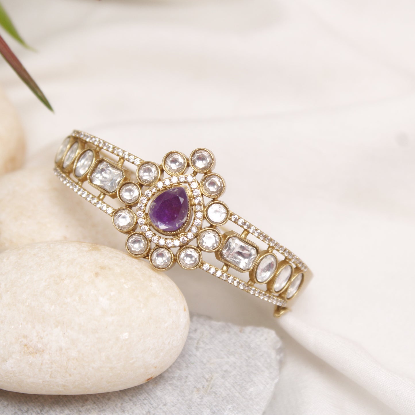 Navraee Royal Polki Amethyst Center Stone Micro Gold Plated Kada