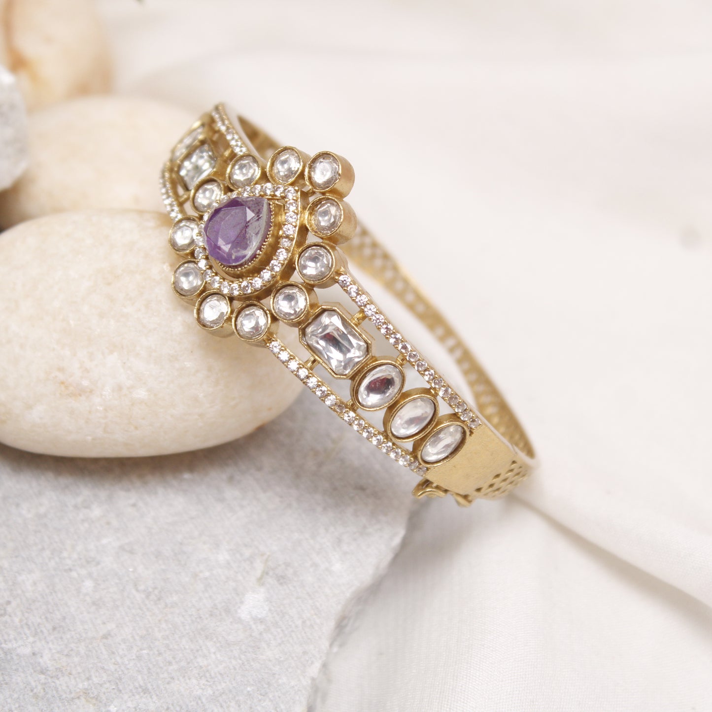 Navraee Royal Polki Amethyst Center Stone Micro Gold Plated Kada