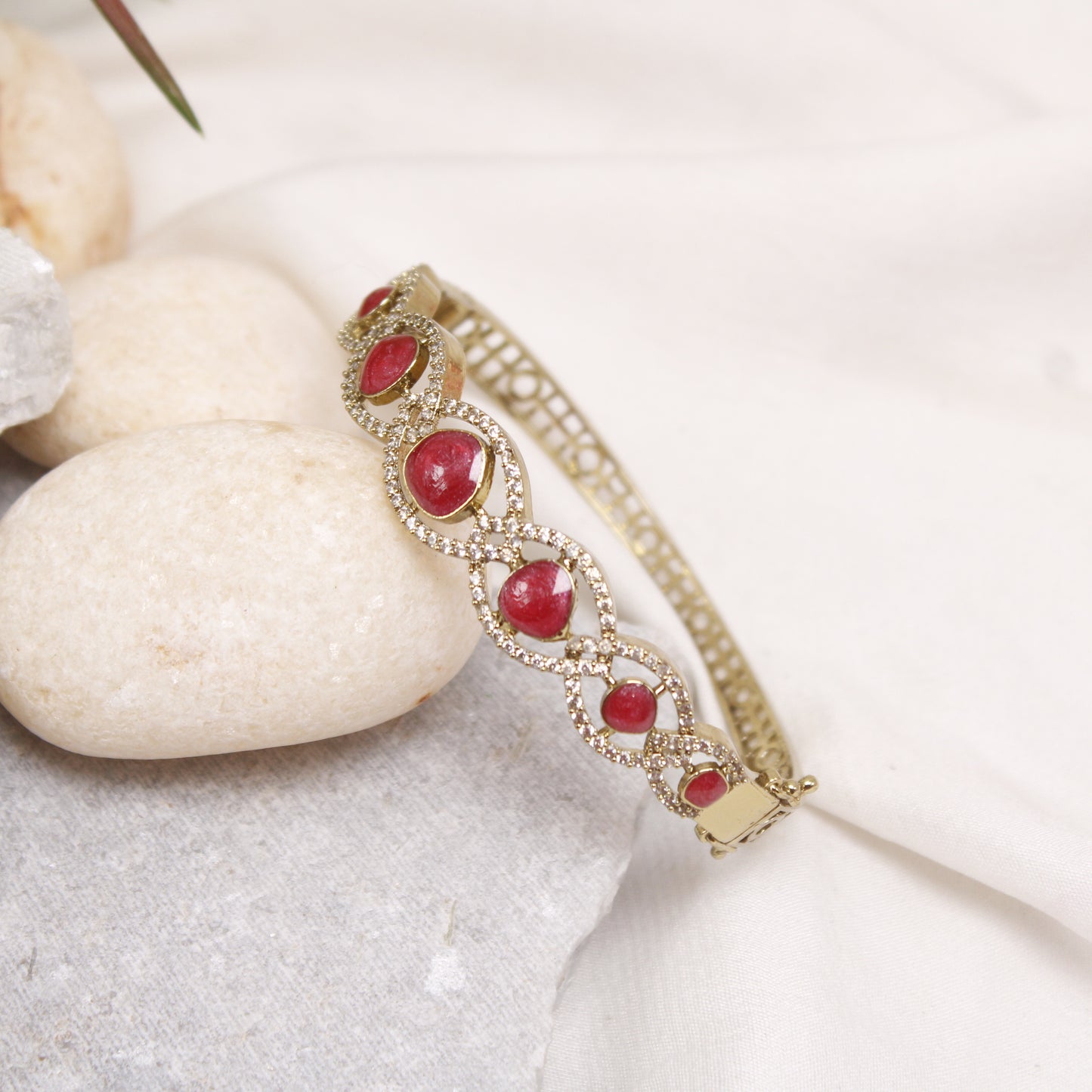 Navraee Micro Gold Plated Ruby Pink AD Studded Kada Bracelet