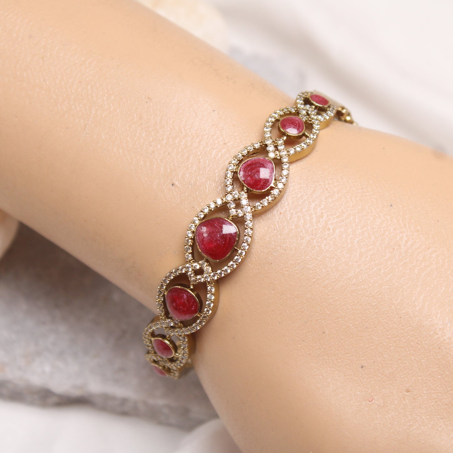 Navraee Micro Gold Plated Ruby Pink AD Studded Kada Bracelet