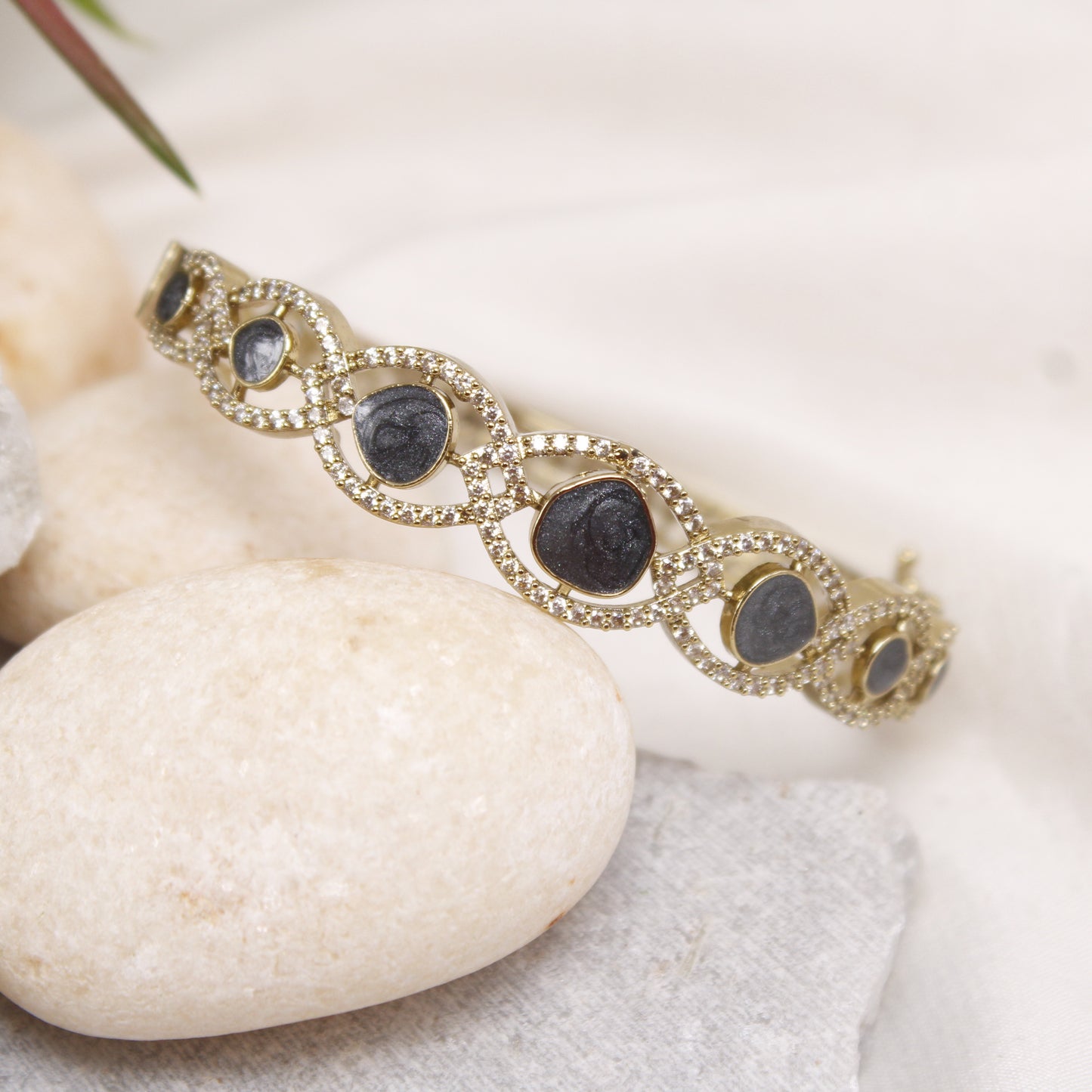 Elegant Micro Gold Plated Black Stone & AD Studded Single Kada