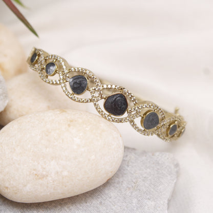 Elegant Micro Gold Plated Black Stone & AD Studded Single Kada