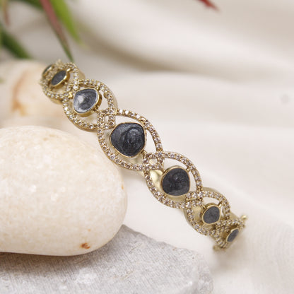 Elegant Micro Gold Plated Black Stone & AD Studded Single Kada