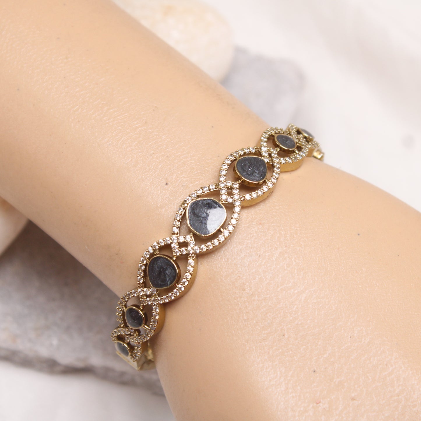 Elegant Micro Gold Plated Black Stone & AD Studded Single Kada