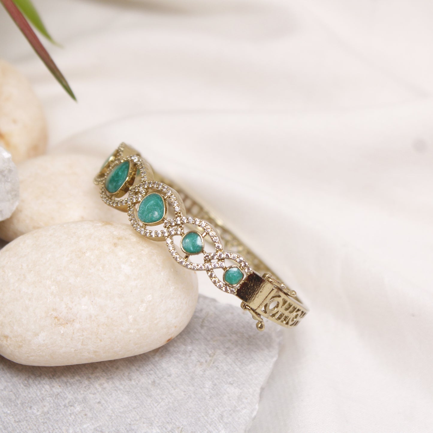 Elegant Micro Gold Plated AD Kada with Green Stones