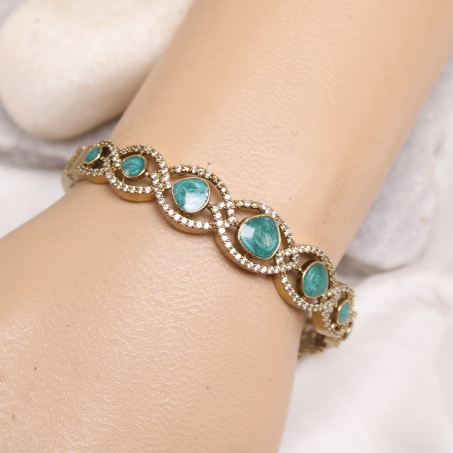 Elegant Micro Gold Plated AD Kada with Green Stones