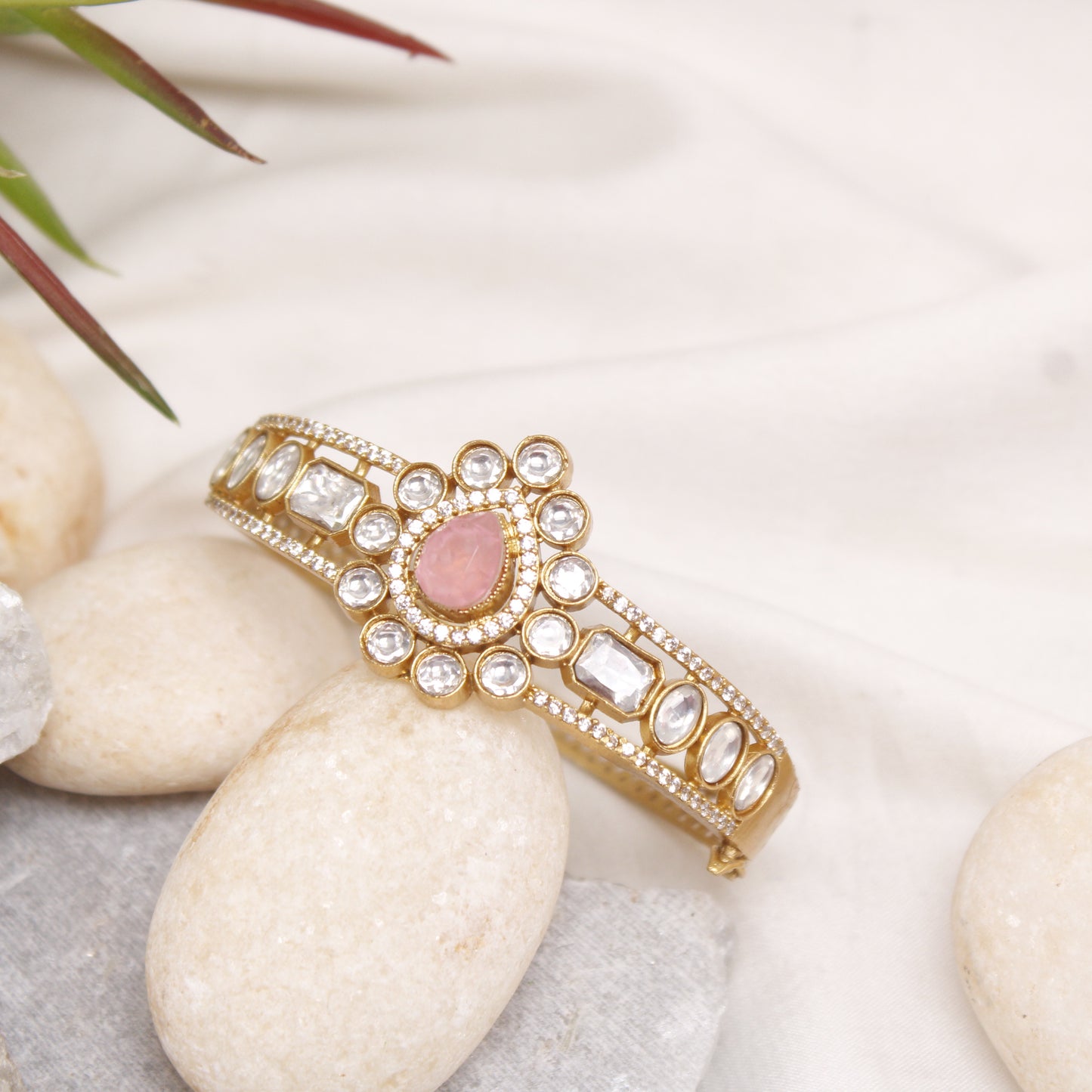 Premium Micro Gold Plated Pink Kundan Polki Single Kada Bracelet