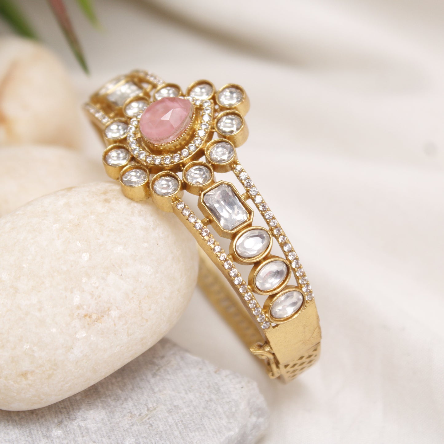 Premium Micro Gold Plated Pink Kundan Polki Single Kada Bracelet