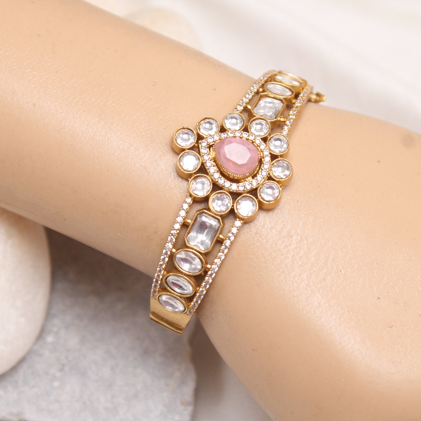 Premium Micro Gold Plated Pink Kundan Polki Single Kada Bracelet