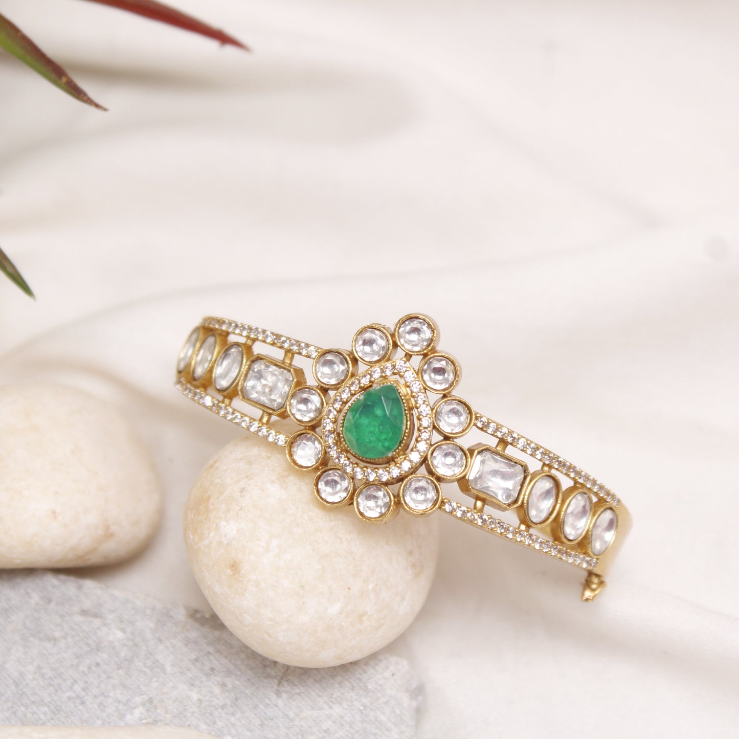 Navraee Micro Gold Plated Polki & Emerald Stone Single Kada
