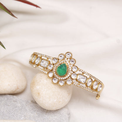 Navraee Micro Gold Plated Polki & Emerald Stone Single Kada