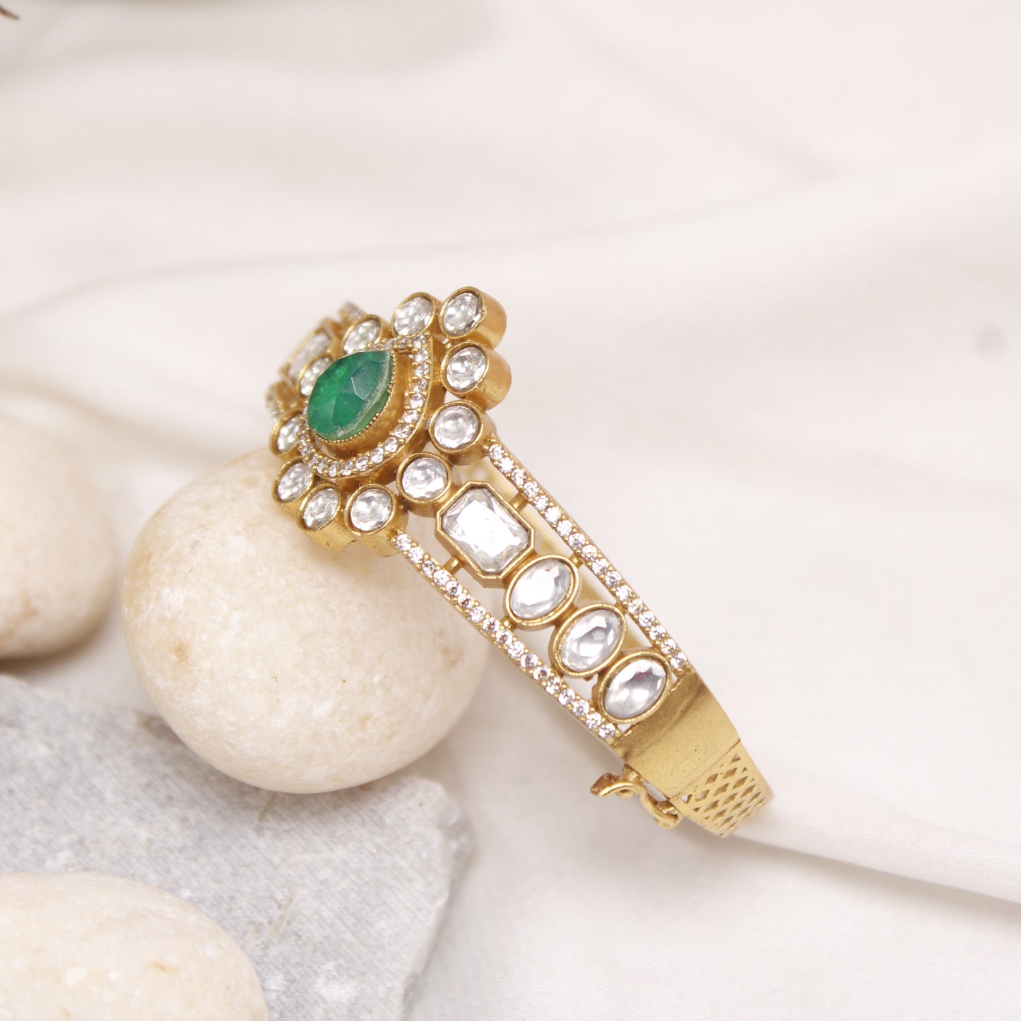 Navraee Micro Gold Plated Polki & Emerald Stone Single Kada