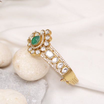 Navraee Micro Gold Plated Polki & Emerald Stone Single Kada