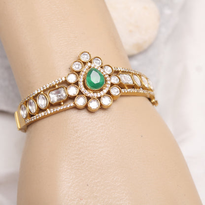 Navraee Micro Gold Plated Polki & Emerald Stone Single Kada