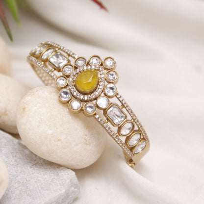 Navraee Elegant Polki & Yellow Stone Micro Gold Plated Single Kada