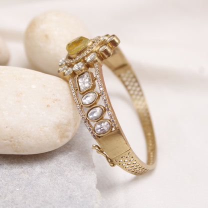 Navraee Elegant Polki & Yellow Stone Micro Gold Plated Single Kada