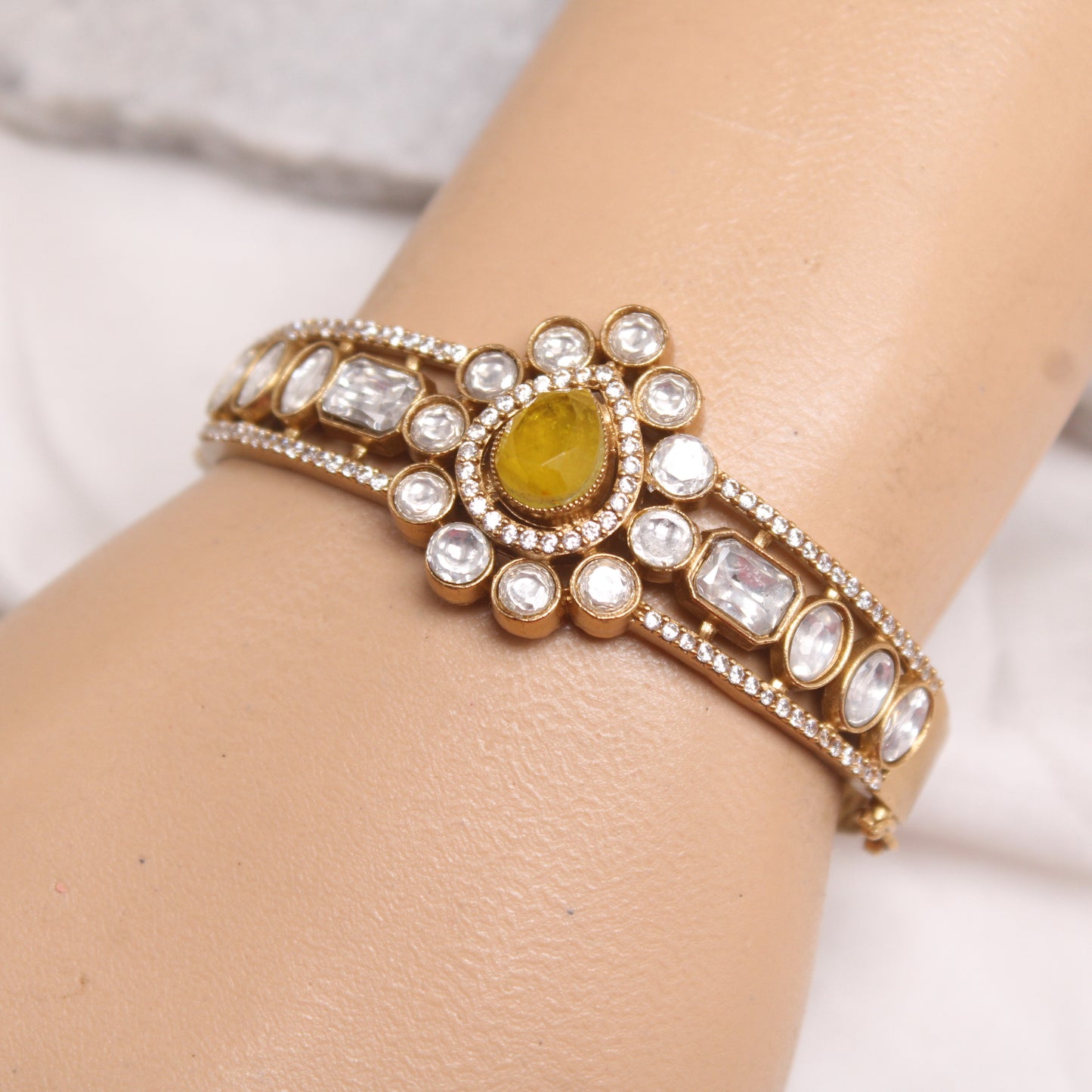 Navraee Elegant Polki & Yellow Stone Micro Gold Plated Single Kada
