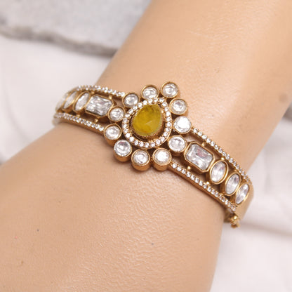 Navraee Elegant Polki & Yellow Stone Micro Gold Plated Single Kada