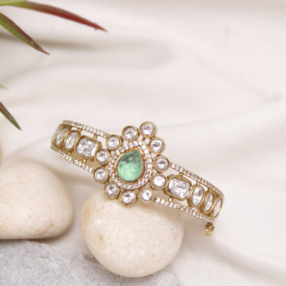 Royal Emerald Green & Polki Micro Gold Plated Kada