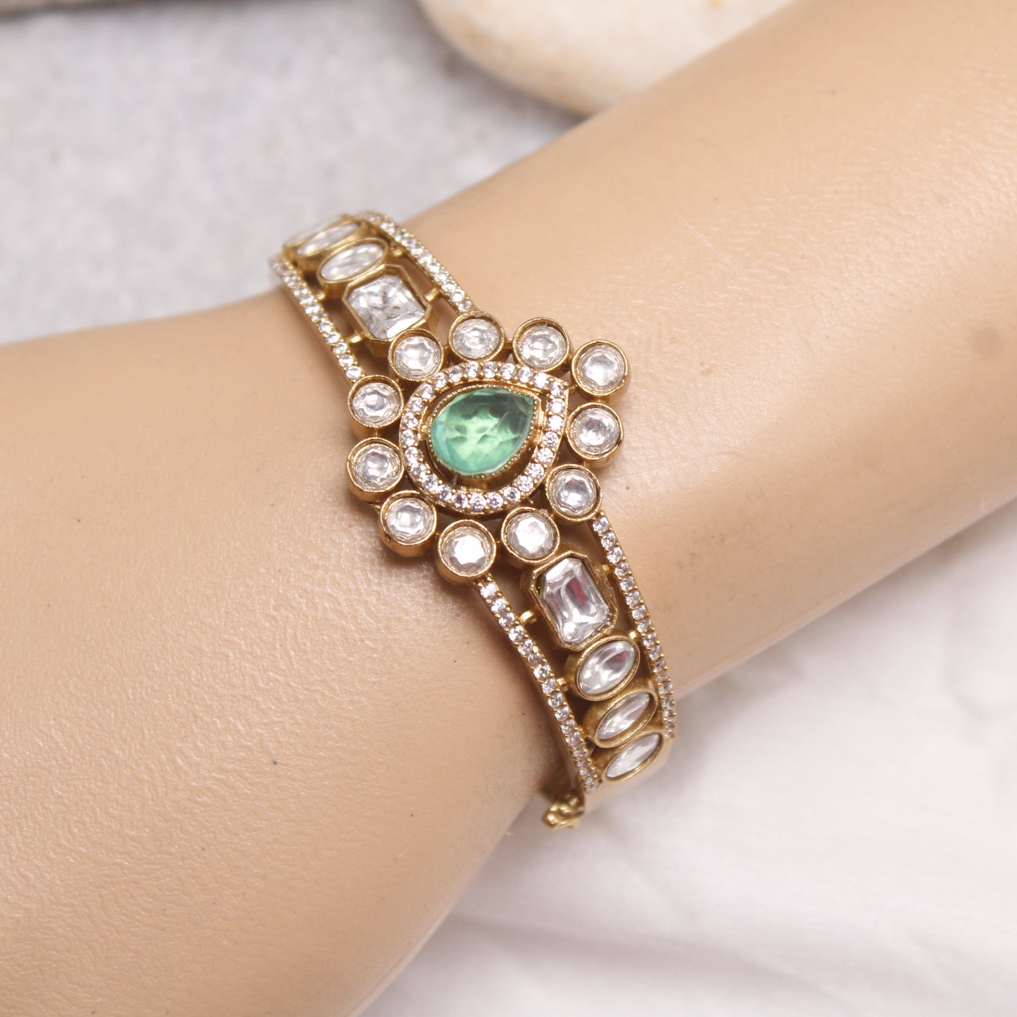 Royal Emerald Green & Polki Micro Gold Plated Kada