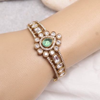 Royal Emerald Green & Polki Micro Gold Plated Kada