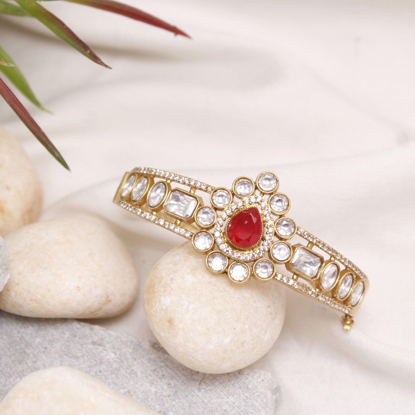 Navraee Royal Micro Gold Plated Kundan & Red Stone Kada