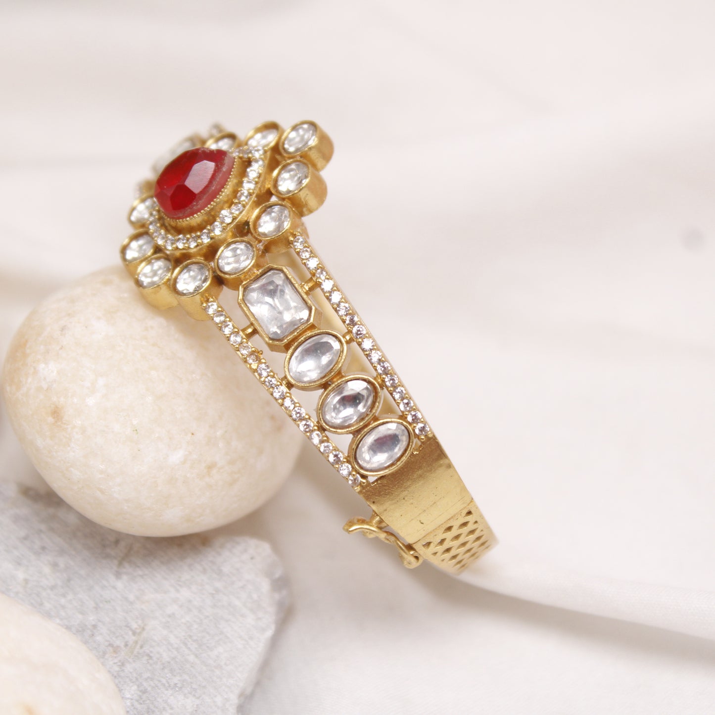 Navraee Royal Micro Gold Plated Kundan & Red Stone Kada