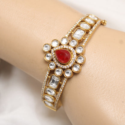 Navraee Royal Micro Gold Plated Kundan & Red Stone Kada