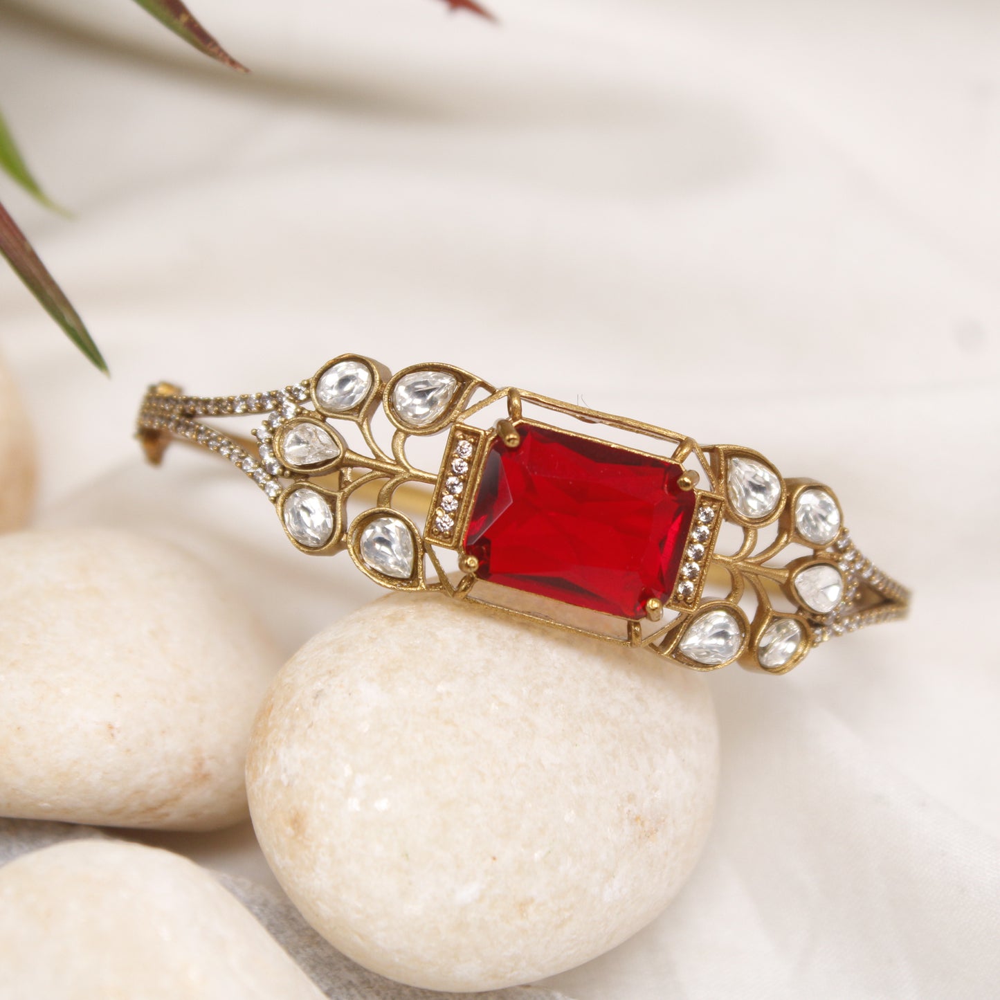Regal Ruby Red Polki Micro Gold Plated Single Kada