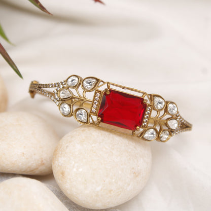 Regal Ruby Red Polki Micro Gold Plated Single Kada