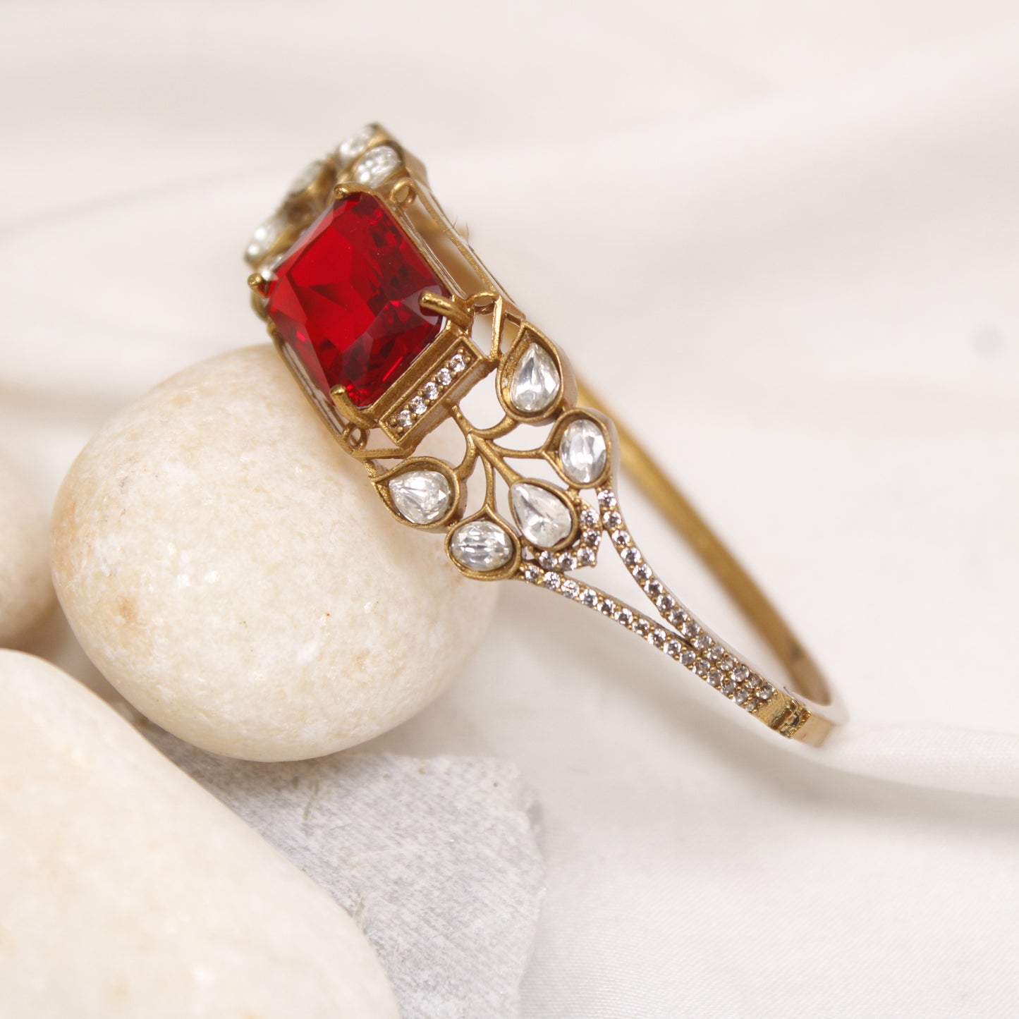 Regal Ruby Red Polki Micro Gold Plated Single Kada