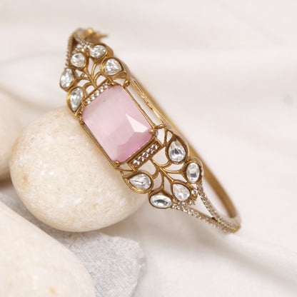 Navraee Elegant Pink Stone & Polki Micro Gold Plated Single Kada